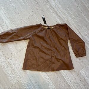 NWT Dolce Cabo Vegan Leather Puff Sleeve Top Brown Gathered Neck Blouse Medium